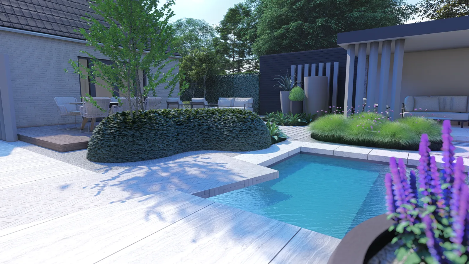 Strak vormgegeven tuin met terras en borders, ontworpen voor een woning in Den Haag